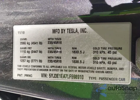 2020 Tesla Model 3 Standard Range Plus Rear-Wheel Drive/Standard Range Rear-Wheel Drive из США, поврежденный, VIN 5YJ3E1EA7LF598910